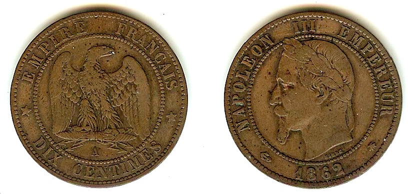 Dix centimes Napoléon III, tête laurée 1862 Paris TB+